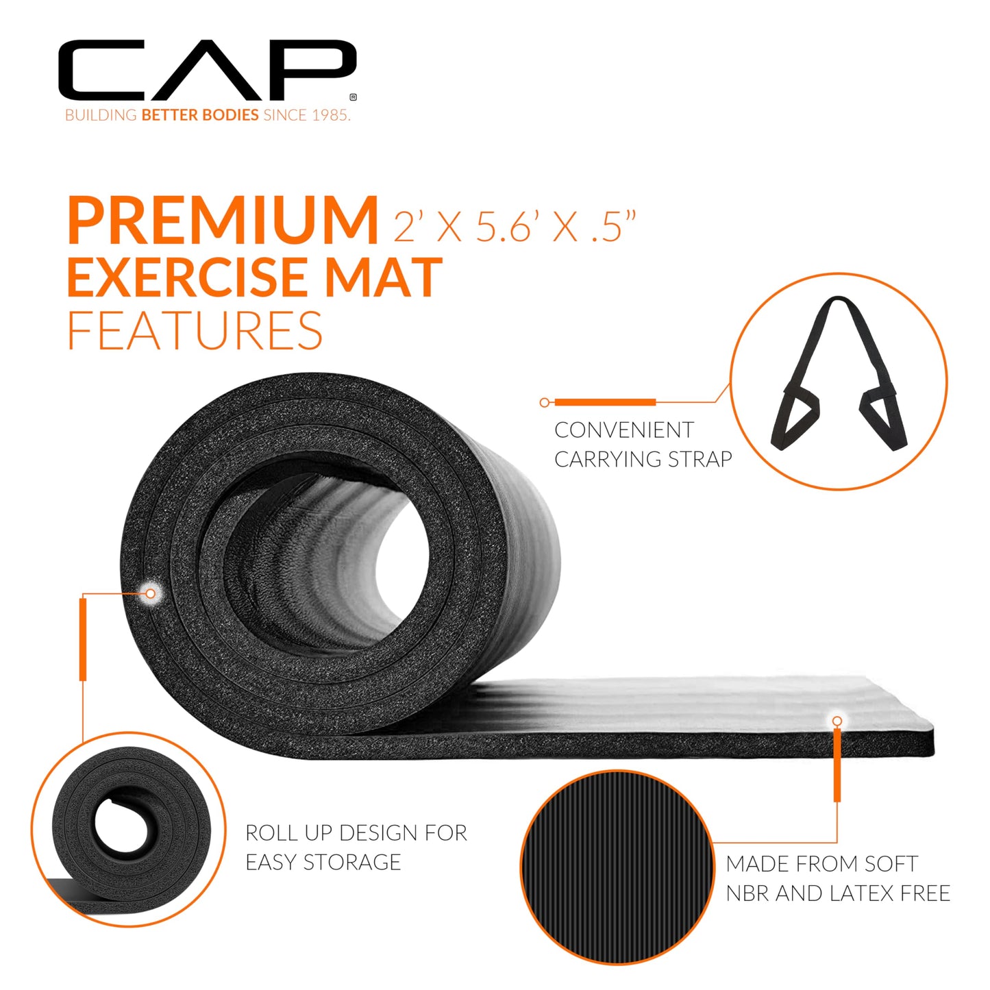 CAP Barbell 1/2-Inch High Density Exercise Yoga Mat with Strap | Multiple Options