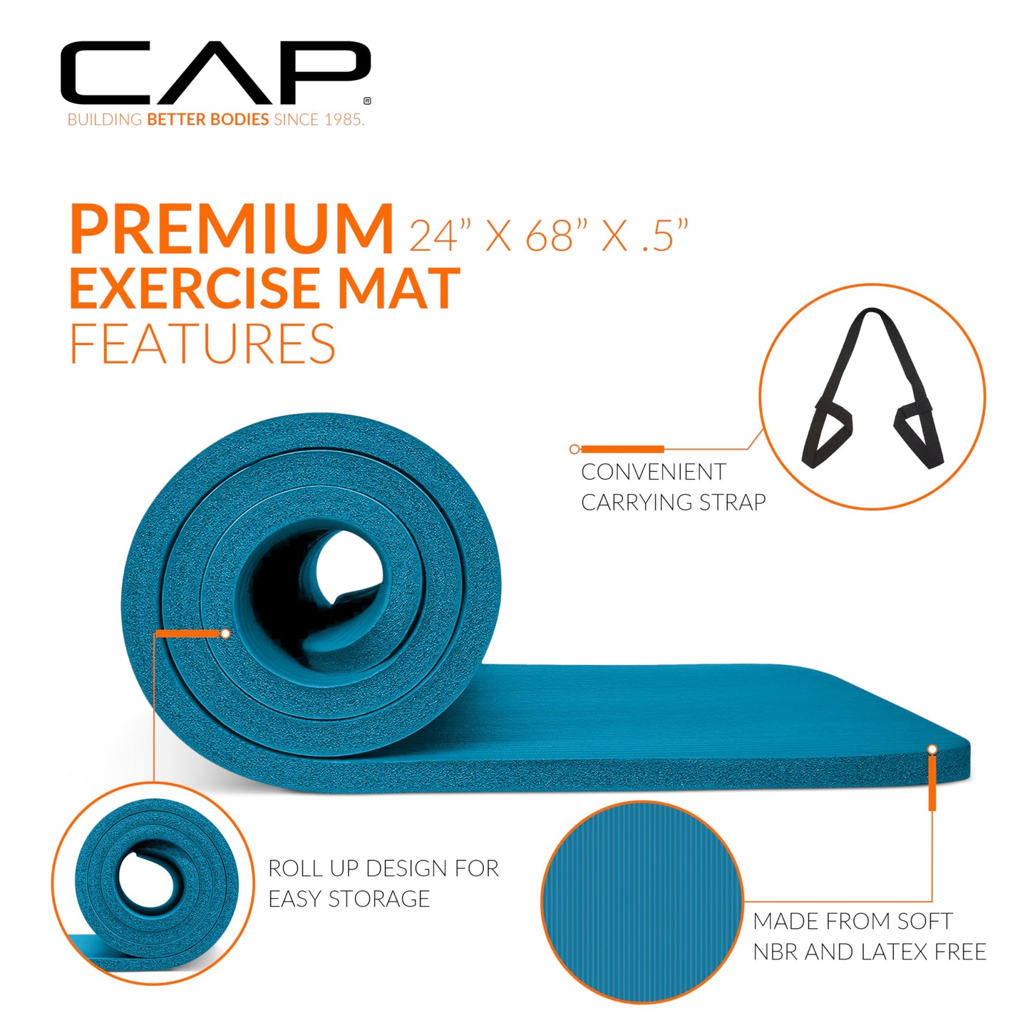 CAP Barbell 1/2-Inch High Density Exercise Yoga Mat with Strap | Multiple Options