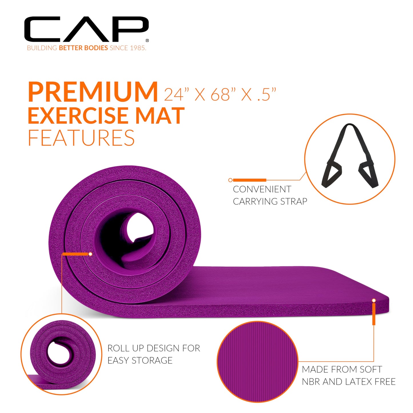 CAP Barbell 1/2-Inch High Density Exercise Yoga Mat with Strap | Multiple Options